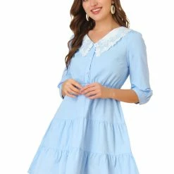 Allegra K Women's Contrast Collar Dresses 3/4 Sleeve Half Placket V Neck Cotton Dresses