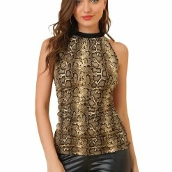 Allegra K Women's Leopard Halter Neck Keyhole Back Slim Fit Stretchy Ruched Tank Tops 23 Allegra K Women's Leopard Halter Neck Keyhole Back Slim Fit Stretchy Ruched Tank Tops