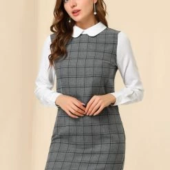 Allegra K Women's Contrast Peter Pan Collar Long Sleeve Check Shift Dress