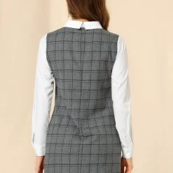 Allegra K Women's Contrast Peter Pan Collar Long Sleeve Check Shift Dress