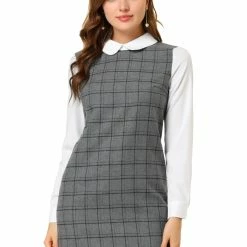 Allegra K Women's Contrast Peter Pan Collar Long Sleeve Check Shift Dress