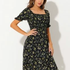 Allegra K Women's Square Neck Puff Sleeves Casual Midi Smocked Floral Dress 46 Allegra K Women's Square Neck Puff Sleeves Casual Midi Smocked Floral Dress