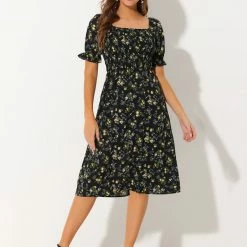 Allegra K Women's Square Neck Puff Sleeves Casual Midi Smocked Floral Dress 47 Allegra K Women's Square Neck Puff Sleeves Casual Midi Smocked Floral Dress