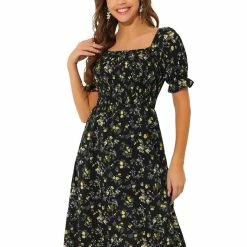 Allegra K Women's Square Neck Puff Sleeves Casual Midi Smocked Floral Dress 45 Allegra K Women's Square Neck Puff Sleeves Casual Midi Smocked Floral Dress