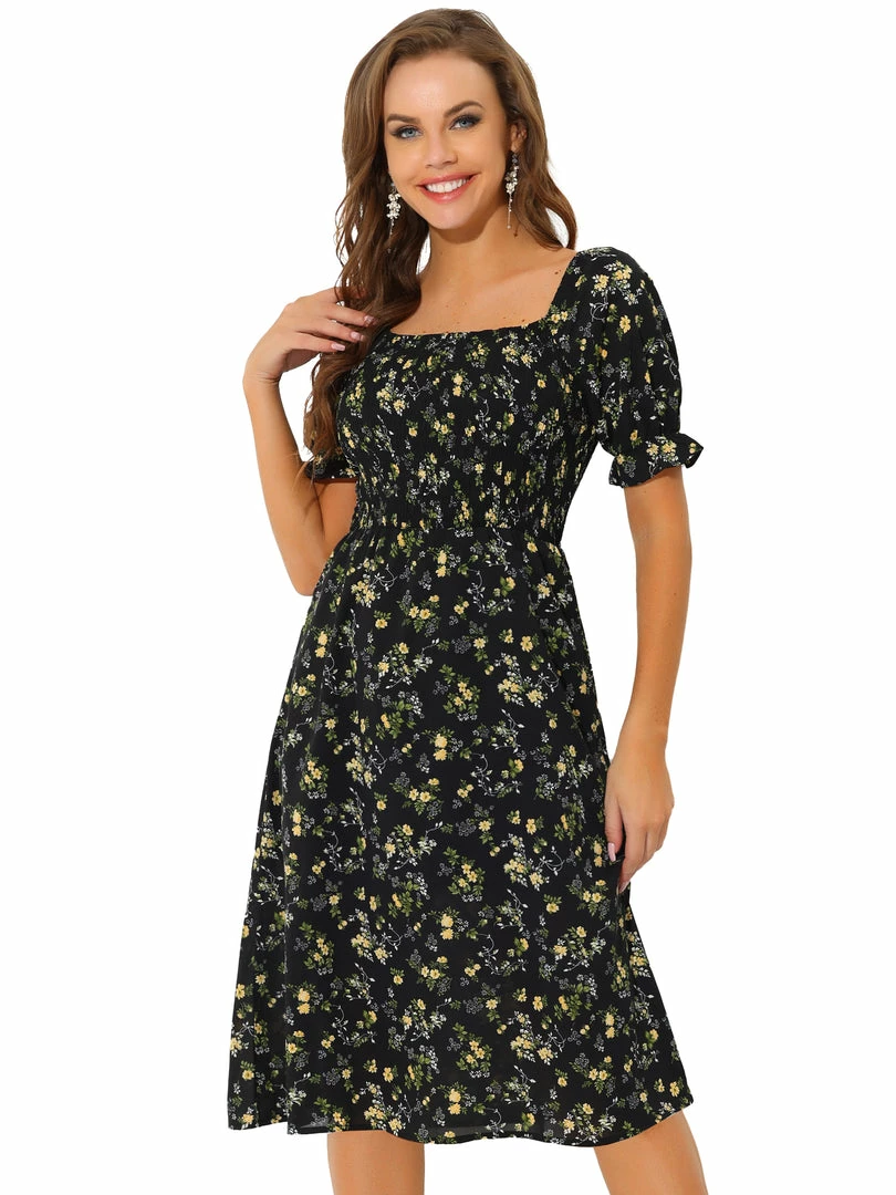 Allegra K Women's Square Neck Puff Sleeves Casual Midi Smocked Floral Dress 22 Allegra K Women's Square Neck Puff Sleeves Casual Midi Smocked Floral Dress