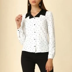 Allegra K Women's Vintage Contrast Collar Button UP Polka Dots Shirt