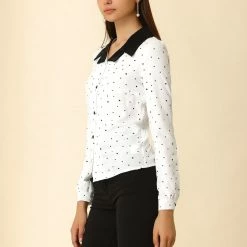 Allegra K Women's Vintage Contrast Collar Button UP Polka Dots Shirt