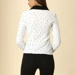 Allegra K Women's Vintage Contrast Collar Button UP Polka Dots Shirt
