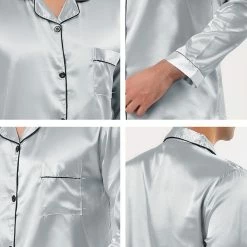 Allegra K Men's Satin Pajama Sets Long Sleeves Button Down Nightwear Sleepwears Loungewear Pjs