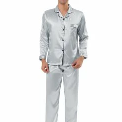 Allegra K Men's Satin Pajama Sets Long Sleeves Button Down Nightwear Sleepwears Loungewear Pjs