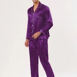 Allegra K Men's Satin Pajama Sets Long Sleeves Button Down Nightwear Sleepwears Loungewear Pjs