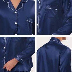 Allegra K Men's Satin Pajama Sets Long Sleeves Button Down Nightwear Sleepwears Loungewear Pjs