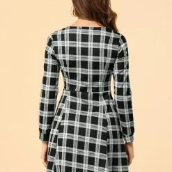 Allegra K Women's Vintage Plaid Long Sleeve Zip Up Fit And Flare Mini Dress