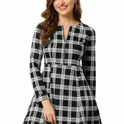Allegra K Women's Vintage Plaid Long Sleeve Zip Up Fit And Flare Mini Dress