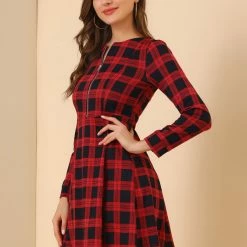 Allegra K Women's Vintage Plaid Long Sleeve Zip Up Fit And Flare Mini Dress