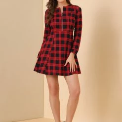 Allegra K Women's Vintage Plaid Long Sleeve Zip Up Fit And Flare Mini Dress