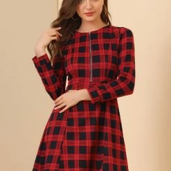Allegra K Women's Vintage Plaid Long Sleeve Zip Up Fit And Flare Mini Dress