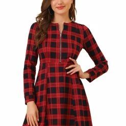 Allegra K Women's Vintage Plaid Long Sleeve Zip Up Fit And Flare Mini Dress
