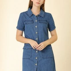 Allegra K Women's Jean Button Down Denim Belted Turndown Collar Shirtdress 41 Allegra K Women's Jean Button Down Denim Belted Turndown Collar Shirtdress