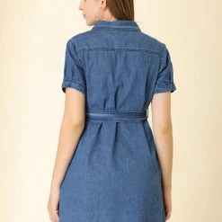 Allegra K Women's Jean Button Down Denim Belted Turndown Collar Shirtdress 44 Allegra K Women's Jean Button Down Denim Belted Turndown Collar Shirtdress