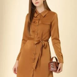 Allegra K Women's Shirtdress With Belt Casual Button Front Satin Shirt Dress