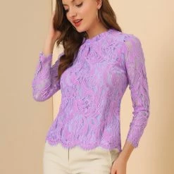 Allegra K Lace Long Sleeve Ruffle Round Neck Floral Blouse Women