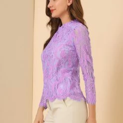 Allegra K Lace Long Sleeve Ruffle Round Neck Floral Blouse Women