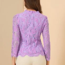 Allegra K Lace Long Sleeve Ruffle Round Neck Floral Blouse Women