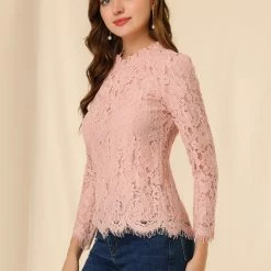 Allegra K Lace Long Sleeve Ruffle Round Neck Floral Blouse Women