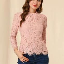 Allegra K Lace Long Sleeve Ruffle Round Neck Floral Blouse Women