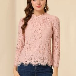 Allegra K Lace Long Sleeve Ruffle Round Neck Floral Blouse Women