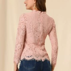 Allegra K Lace Long Sleeve Ruffle Round Neck Floral Blouse Women