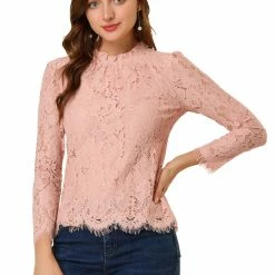 Allegra K Lace Long Sleeve Ruffle Round Neck Floral Blouse Women