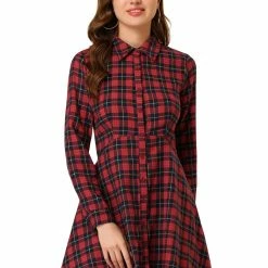 Allegra K Women's Plaid Button Up Point Collar Fit And Flare Full Placket Tunic Dress Long Sleeve Turndown Collar