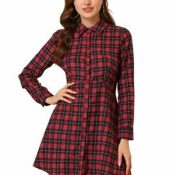 Allegra K Women's Plaid Button Up Point Collar Fit And Flare Full Placket Tunic Dress Long Sleeve Turndown Collar