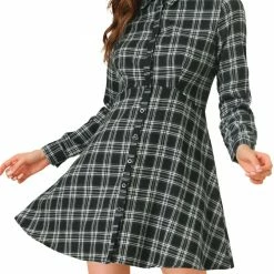 Allegra K Women's Plaid Button Up Point Collar Fit And Flare Full Placket Tunic Dress Long Sleeve Turndown Collar