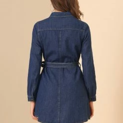 Allegra K Women's Belted Long Sleeves Button Front Denim Shirt Dress