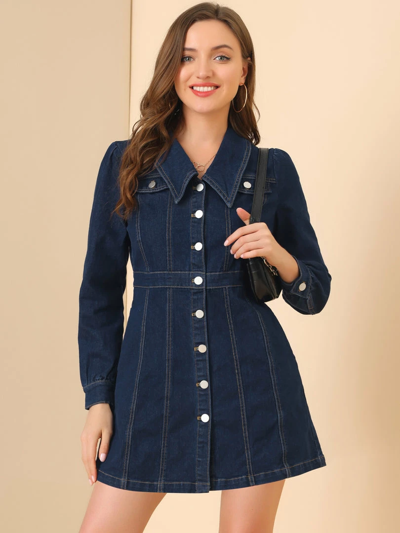 Allegra K Women's Denim Vintage Button Front Casual Mini A-Line Jean Dress 5 Allegra K Women's Denim Vintage Button Front Casual Mini A-Line Jean Dress