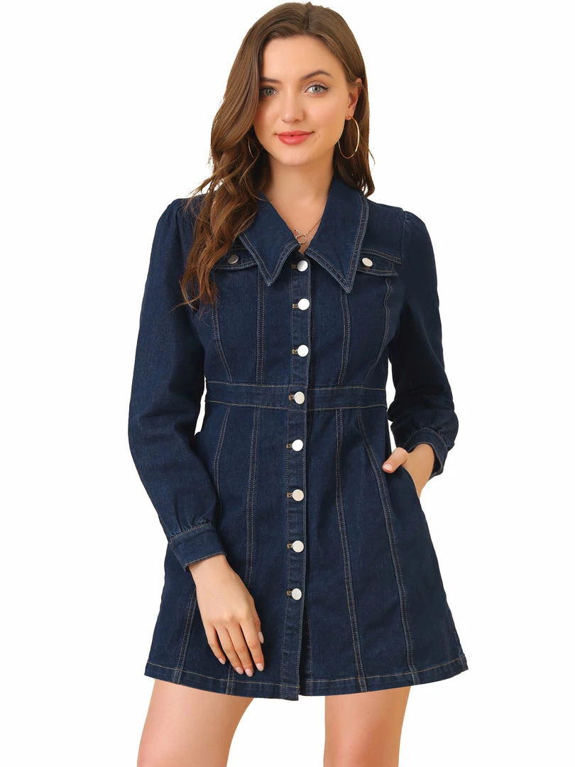 Allegra K Women's Denim Vintage Button Front Casual Mini A-Line Jean Dress 4 Allegra K Women's Denim Vintage Button Front Casual Mini A-Line Jean Dress