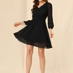 Allegra K Women's Elastic Waist Flowy Dress V Neck 3/4 Sleeve A-line Chiffon Dresses