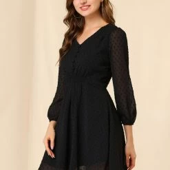 Allegra K Women's Elastic Waist Flowy Dress V Neck 3/4 Sleeve A-line Chiffon Dresses