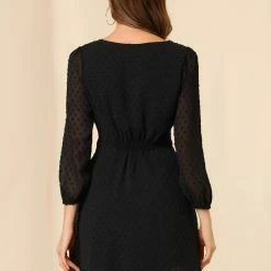 Allegra K Women's Elastic Waist Flowy Dress V Neck 3/4 Sleeve A-line Chiffon Dresses