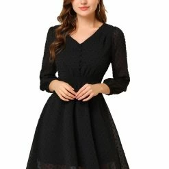 Allegra K Women's Elastic Waist Flowy Dress V Neck 3/4 Sleeve A-line Chiffon Dresses