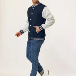 Allegra K Men's Varsity Baseball Jacket Button Down Color Block School Uniform Bomber Jackets Coats & Outerwear