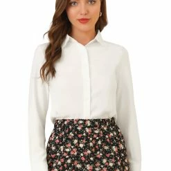 Allegra K Women's Textured Top Embroidered Collar Office Button Up Shirt