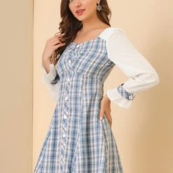 Allegra K Women’s Plaid Sweetheart Neck Elegant Button Decor A-Line Mini Dress