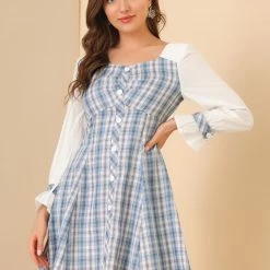 Allegra K Women’s Plaid Sweetheart Neck Elegant Button Decor A-Line Mini Dress