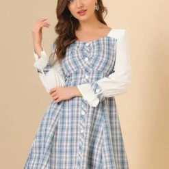 Allegra K Women’s Plaid Sweetheart Neck Elegant Button Decor A-Line Mini Dress