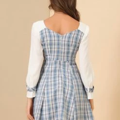 Allegra K Women’s Plaid Sweetheart Neck Elegant Button Decor A-Line Mini Dress
