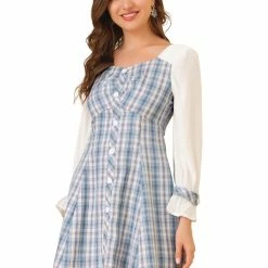 Allegra K Women’s Plaid Sweetheart Neck Elegant Button Decor A-Line Mini Dress